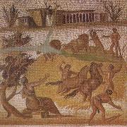 Mosaic from the Roman villa at Zliten in Tripolitania showing horses and cattle threshing corn unknow artist